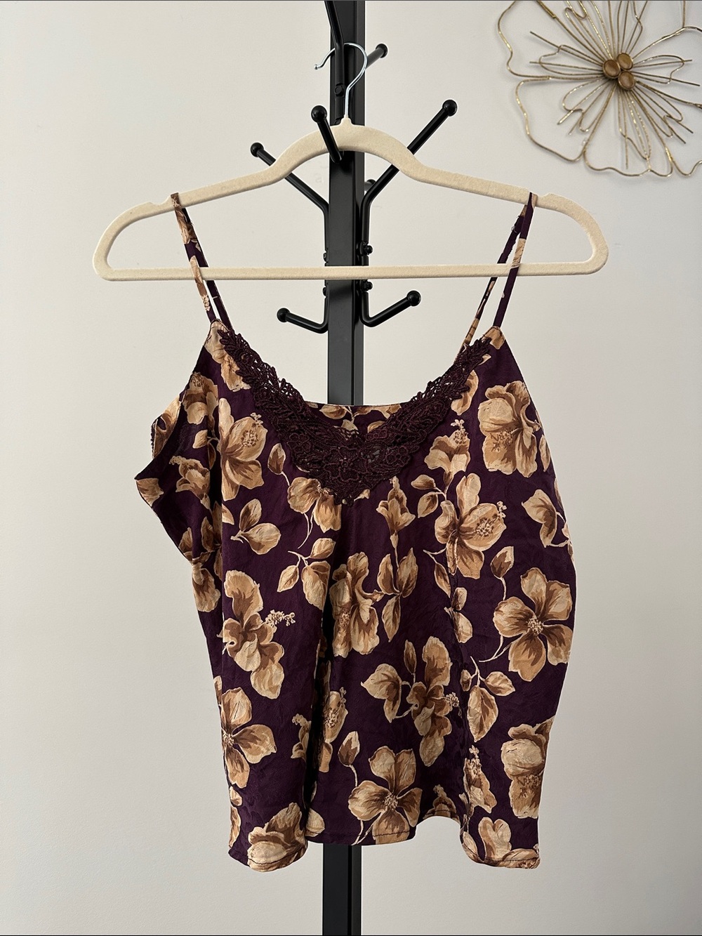 Vintage Plum Floral Lace-Trim 100% Silk